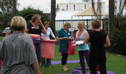 Ladies finishing yoga and checking out their Lorna Jane gift bags