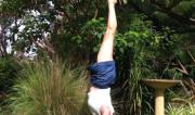 Martine Ford of Spirit Yoga practicing a handstand near the bird bath.