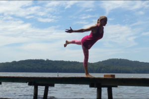 Dekasana, airoplane pose, on the jetty, 